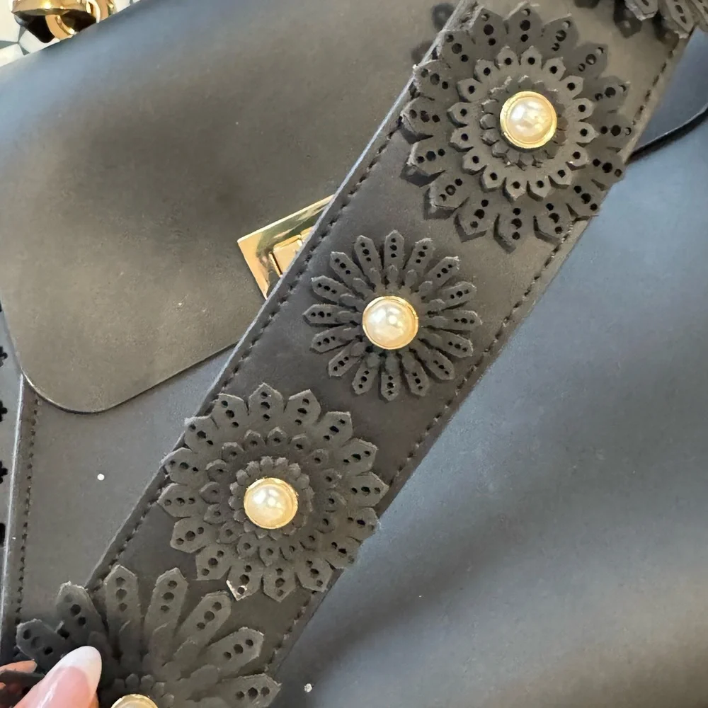 ♠️👜 Zac Posen Black Leather Top-Handle Satchel with Floral Embellished Strap 👜♠️